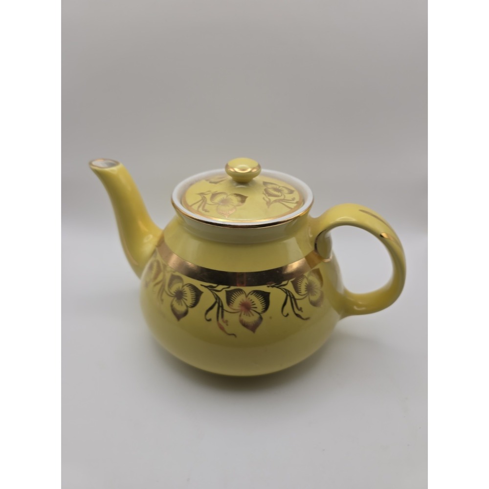Vintage Hall 039 USA Cup Canary Yellow Gold Flower Trim Teapot With Lid